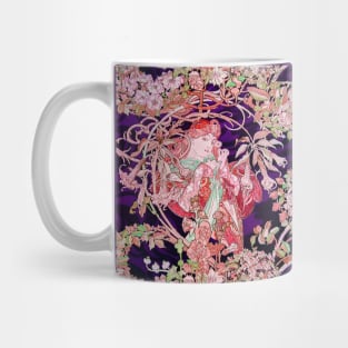 Woman with Daisy Among Pink Flowers ,Wild Roses,Floral Swirls Art Nouveau Portrait Mug